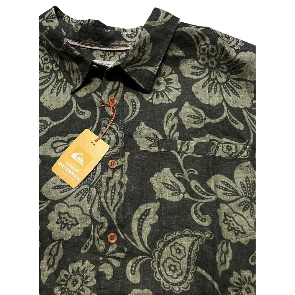 NWT Quiksilver Waterman Shirt S/S Mens 2XL Linen‎ Green Floral Paisley MSRP $65